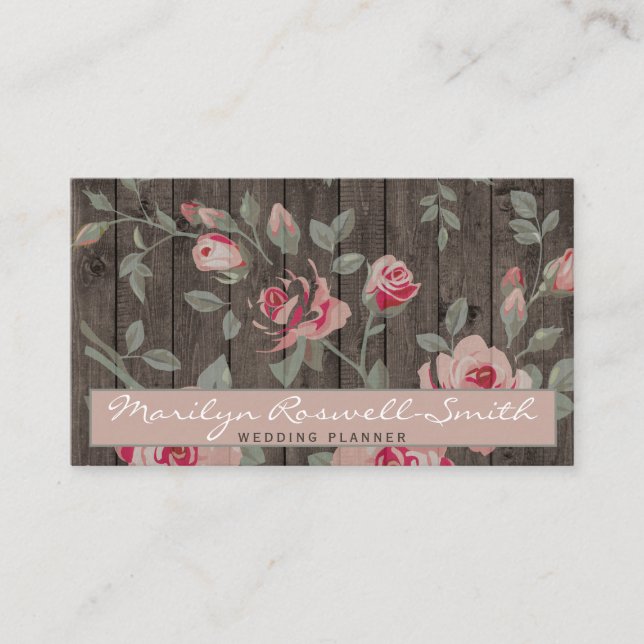 Rustic Elegant  Pink Roses on Wood Business Card (Front)