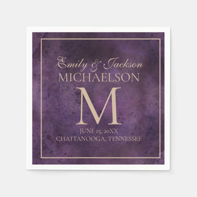 Rustic Elegant Purple Gold Monogram Wedding Napkin (Front)