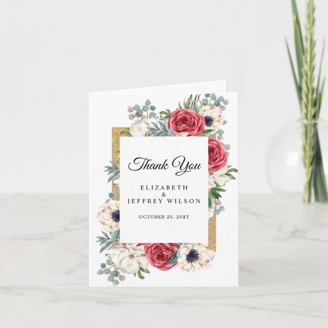 Rustic Elegant Red and Gold Floral Thank You Card (Front)
