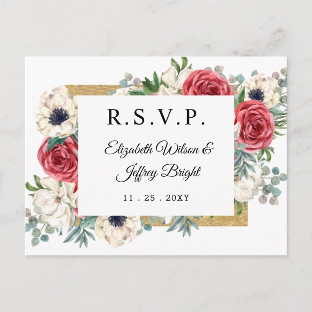 Rustic Elegant Red and Gold Floral Wedding RSVP Invitation Postcard (Front)
