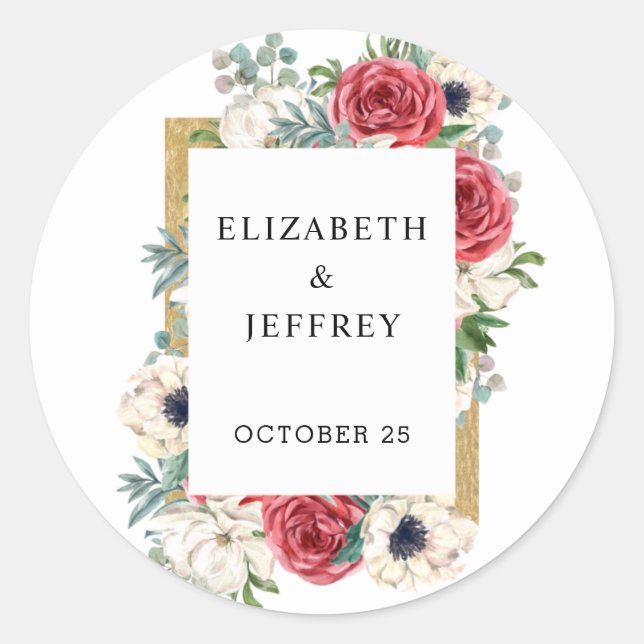 Rustic Elegant Red  and Gold Floral White Wedding  Classic Round Sticker (Front)