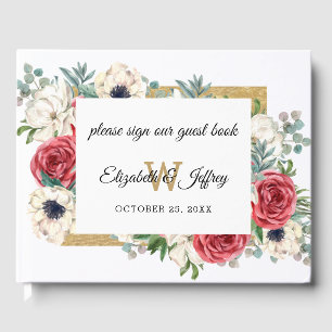 Rustic Elegant Red and Gold Floral White Wedding Guest Book