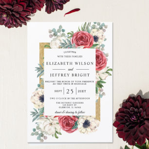 Rustic Elegant Red and Gold Floral White Wedding Invitation