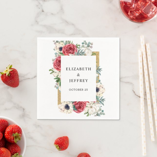 Rustic Elegant Red and Gold Floral White Wedding Napkin (Insitu)