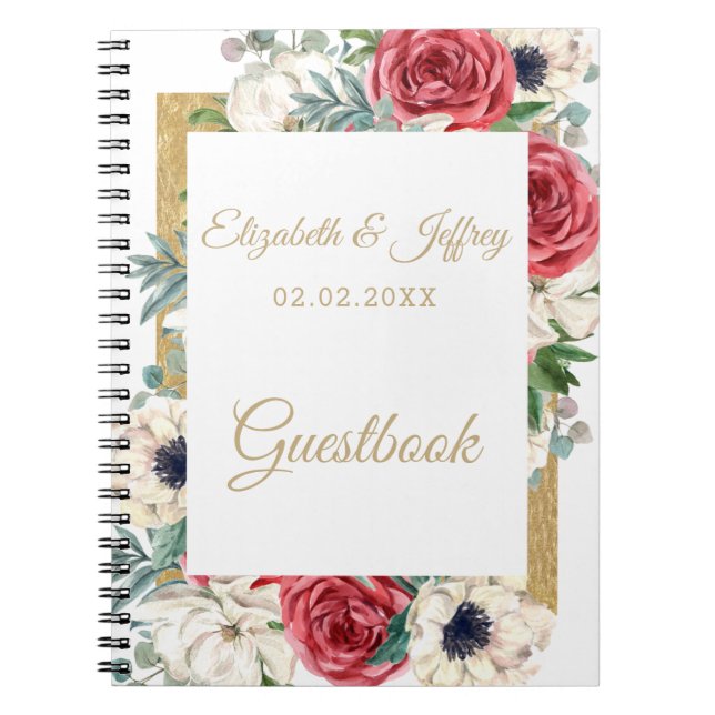 Rustic Elegant Red and Gold Floral White Wedding Notebook (Front)