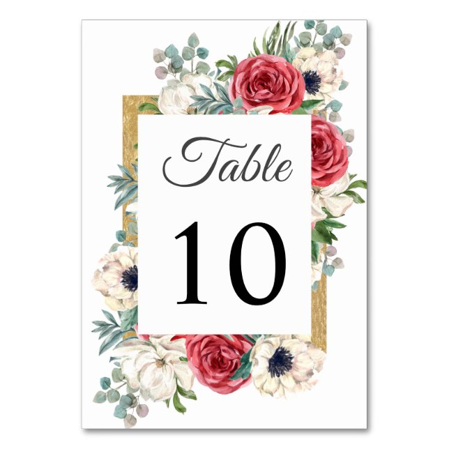 Rustic Elegant Red and Gold Floral White Wedding Table Number (Front)