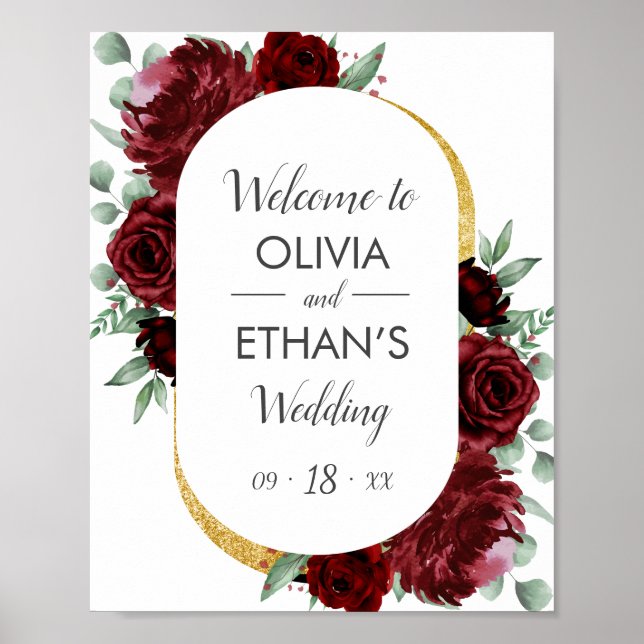 Rustic Elegant Red Rose Floral Gold White Wedding  Poster (Front)