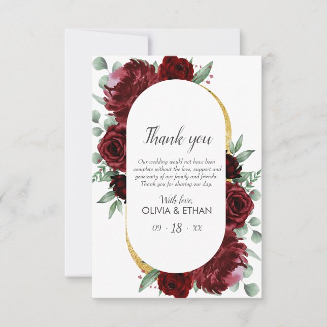 Rustic Elegant Red Rose Floral Gold White Wedding Thank You Card (Front)
