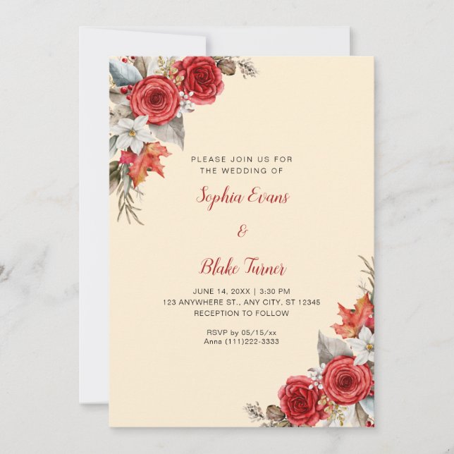 Rustic Elegant Red Roses Fall Light Orange Wedding Invitation (Front)