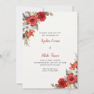 Rustic Elegant Red Roses Fall Off White Wedding Invitation