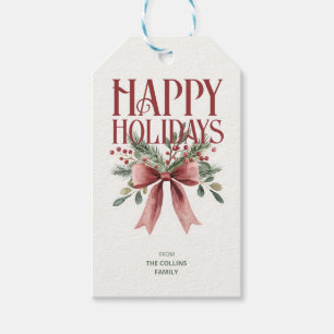 Rustic Elegant Red Watercolor Bow Happy Holidays Gift Tags