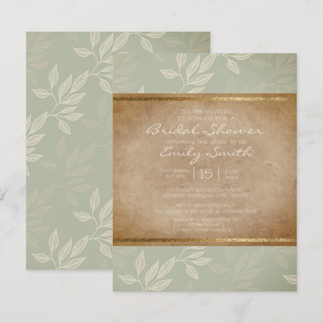 Rustic Elegant Sage Green Leaves Bridal Shower Invitation (Front/Back)