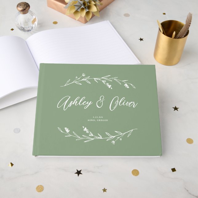 Rustic Elegant Sage Green Wildflowers Wedding Guest Book (Front Open)