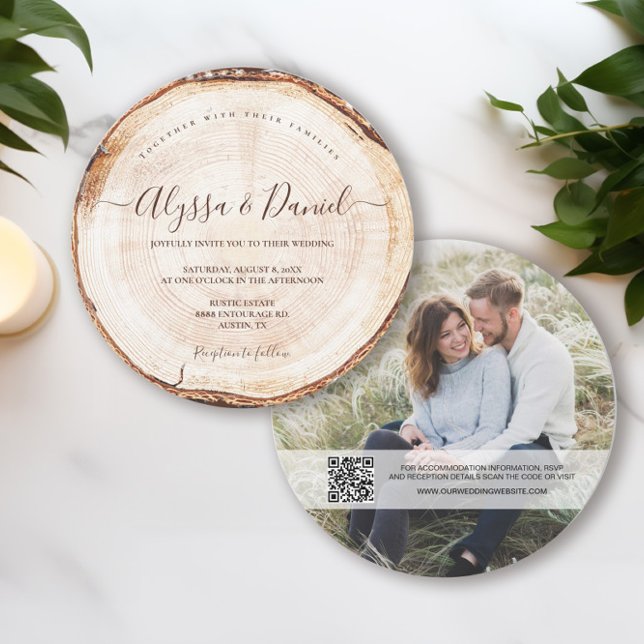 Rustic Elegant Script Wood cut Slice Custom Photo  Invitation (Rustic elegant script wood cut slice, photo and wedding website invitation.)