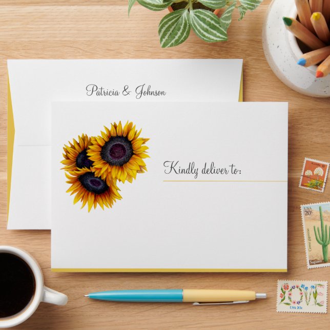 Rustic elegant sunflower barn wood wedding envelope (Desk)