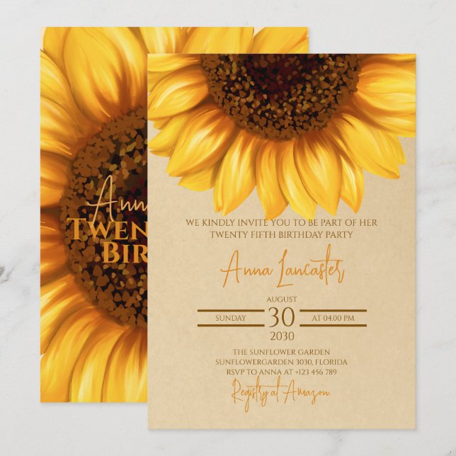 Rustic Elegant Sunflower Birthday Invitation (Front/Back)