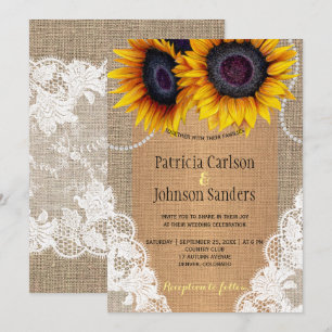 Rustic elegant sunflower burlap and lace wedding invitation