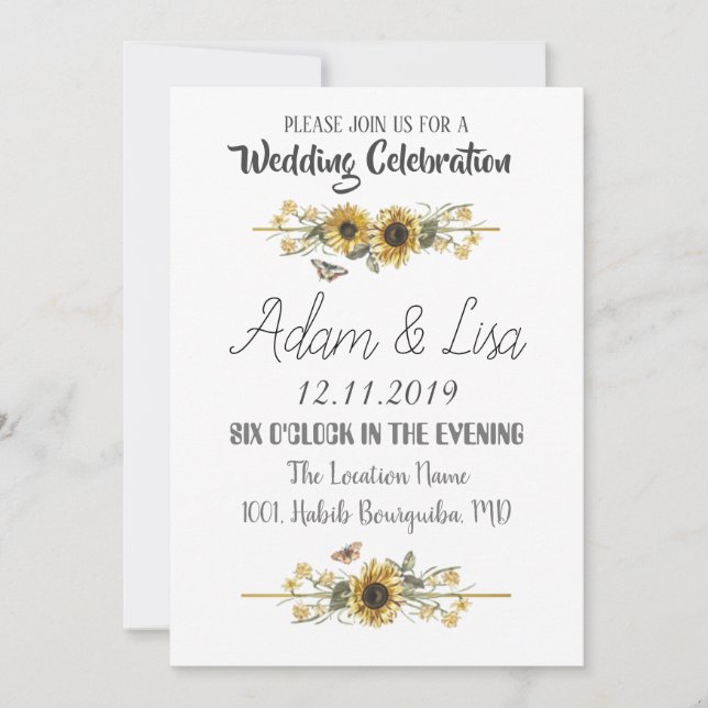 Rustic & Elegant Sunflower Butterfly Wedding Invitation (Front)