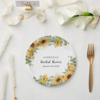 Rustic Elegant Sunflower Eucalyptus Bridal Shower Paper Plate