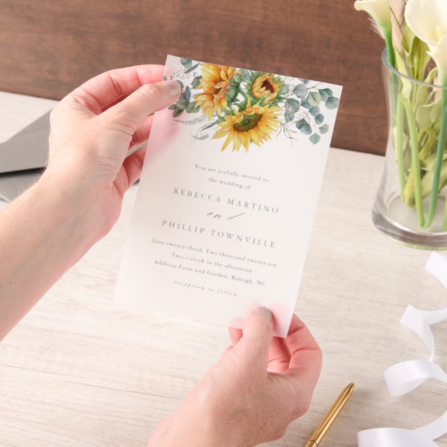 Rustic Elegant Sunflower Eucalyptus Wedding Vellum Invitations (Handheld)