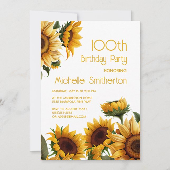 Rustic Elegant Sunflowers 100th Birthday Invitation (Front)