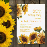 Rustic Elegant Sunflowers 80th Birthday Invitation<br><div class="desc">Rustic,  elegant 80th birthday party invitation with yellow sunflowers on a white background. Contact me for assistance with your customisations or to request additional matching or coordinating Zazzle products for your celebration.</div>