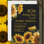 Rustic Elegant Sunflowers Black 80th Birthday Invitation<br><div class="desc">Rustic,  elegant 80th birthday party invitation with yellow sunflowers on a black background. Contact me for assistance with your customisations or to request additional matching or coordinating Zazzle products for your celebration.</div>