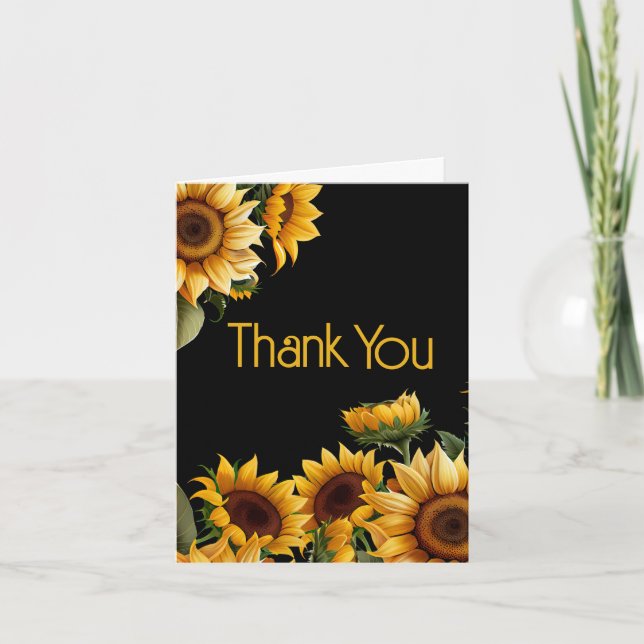 Rustic Elegant Sunflowers Black Birthday Thank You (Front)