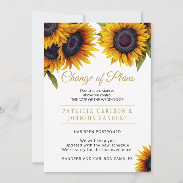 Rustic elegant sunflowers wedding change of plans invitation (Front)
