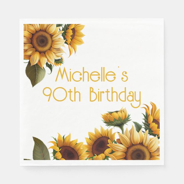 Rustic Elegant Sunflowers White 90th Birthday Napkin (Front)