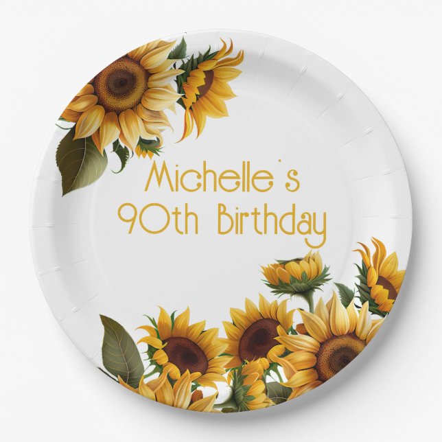 Rustic Elegant Sunflowers White 90th Birthday Paper Plate (Front)