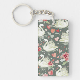 Rustic Elegant Swans & Hearts Elements Pattern Key Ring