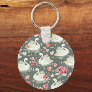 Rustic Elegant Swans & Hearts Elements Pattern Key Ring