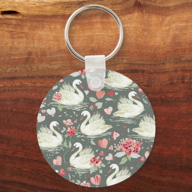 Rustic Elegant Swans & Hearts Elements Pattern Key Ring (Front)