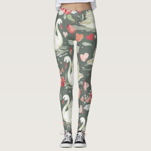 Rustic Elegant Swans & Hearts Elements Pattern Leggings