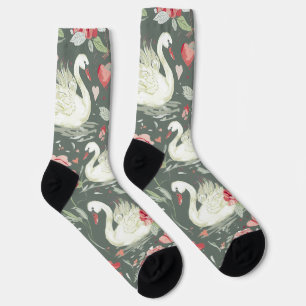 Rustic Elegant Swans & Hearts Elements Pattern Socks