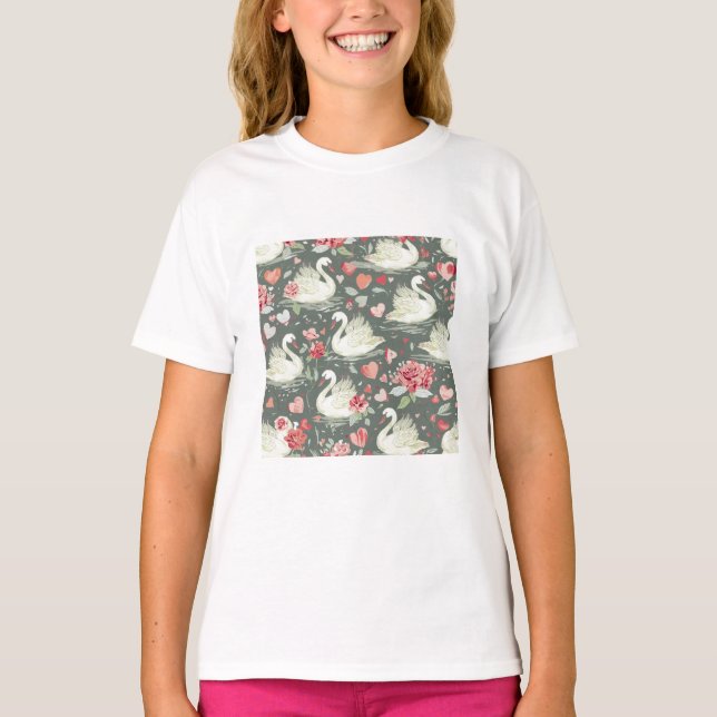 Rustic Elegant Swans & Hearts Elements Pattern T-Shirt (Front)