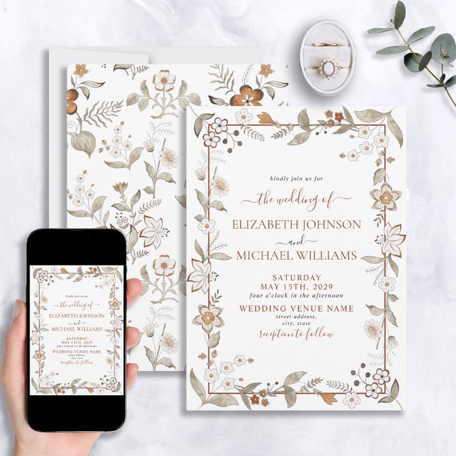 Rustic Elegant Terracotta Floral Script Wedding Invitation (Creator Uploaded)