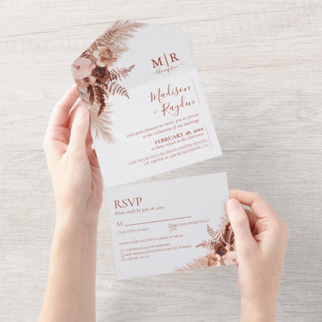 Rustic Elegant Terracotta Pampas Grass Wedding All In One Invitation (Tearaway)