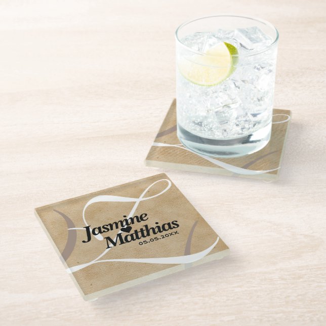 Rustic Elegant Vintage Monogram Burlap Wedding Glass Coaster (Angled)