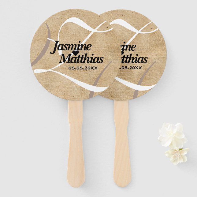 Rustic Elegant Vintage Monogram Burlap Wedding Hand Fan (Front and Back)