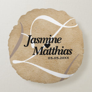 Rustic Elegant Vintage Monogram Burlap Wedding Round Cushion