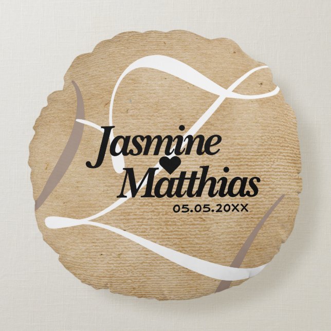 Rustic Elegant Vintage Monogram Burlap Wedding Round Cushion (Front)