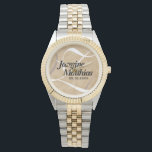 Rustic Elegant Vintage Monogram Burlap Wedding Watch<br><div class="desc">Add a touch of vintage charm to your special day with this commemorative rustic wedding wristwatch, which features white serif and script lettering on a (simulated) stained and faded burlap / canvas / rough linen / kraft paper texture background. Customise with newlyweds' names, an initial or monogram for the surname,...</div>