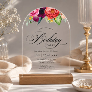 Rustic Elegant Watercolor Floral Birthday Party Acrylic Invitations