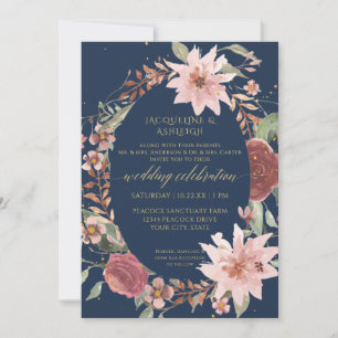 Rustic Elegant Watercolor Flowers Navy Red Pink In Invitation