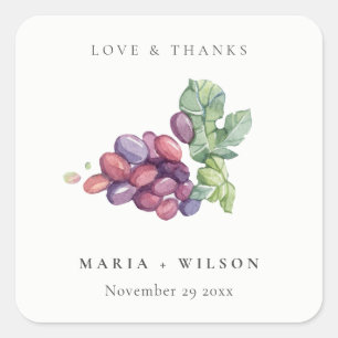 Rustic Elegant Watercolor Grape Foliage Wedding Square Sticker