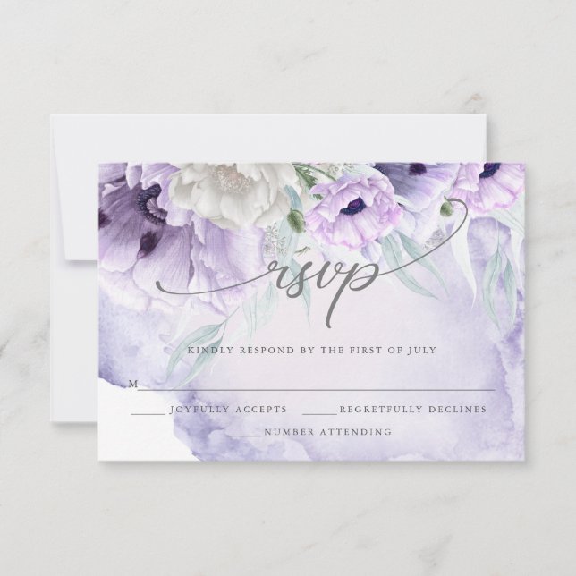  Rustic Elegant Watercolor Lilac Poppies RSVP Card (Front)
