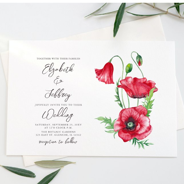 Rustic Elegant Watercolor Script Red Poppy Wedding Invitation (Creator Uploaded)