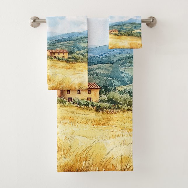 Rustic Elegant Watercolor Tuscan Mediterranean Bath Towel Set (Insitu)